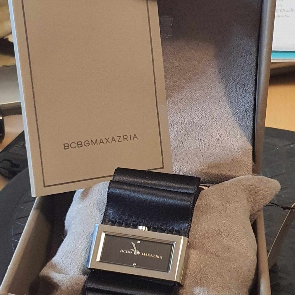NWT BCBGMAXAZRIA Black Satin Leather Bracelet Watch